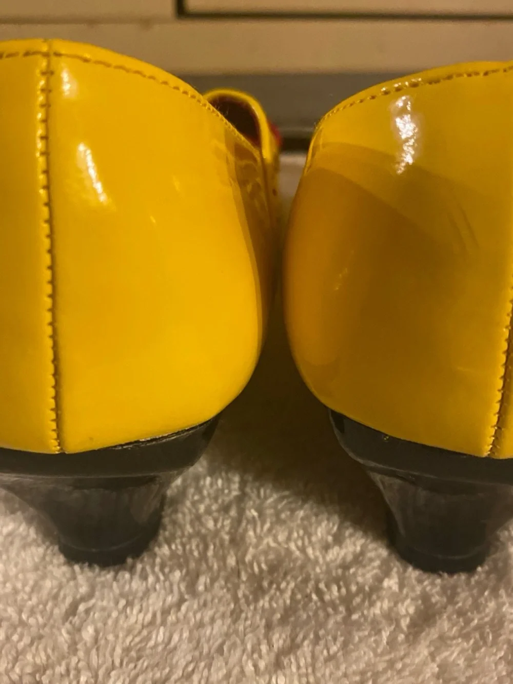 Source Unknown Bright Yellow Mary Janes with Red Bows